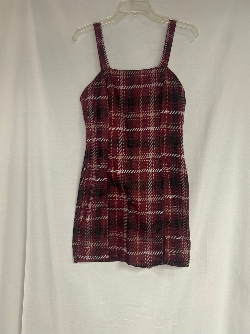 iris Burgundy Plaid Square-Neck Mini Dress